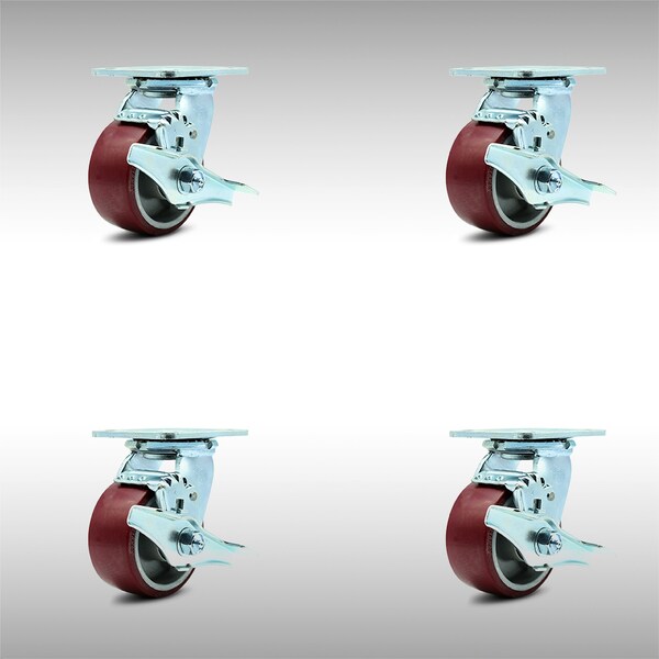 4 Inch SS Poly on Aluminum Swivel Caster Set with Ball Bearings and Brakes SCC